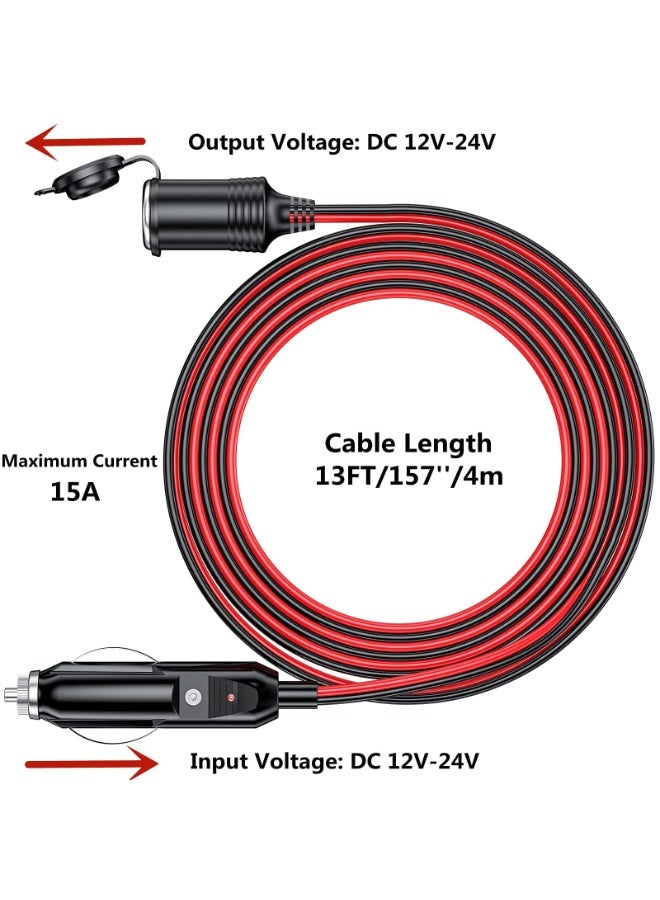 fantasize سلك تمديد ولاعة السجائر بطول 13 قدم، قابس ولاعة السجائر 12V 24V إلى مقبس 16AWG سلك تمديد ثقيل مع فيوز 15A ومؤشر LED موصل مقبس AUX لولاعة السجائر في السيارة - Image 4